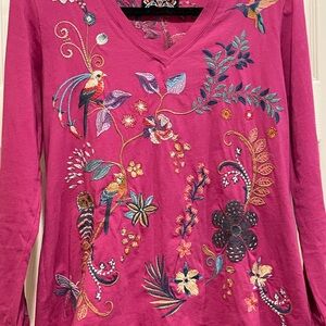 Johnny Was Fuchsia Embroidered Long Sleeve Top